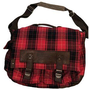 American Eagle Outfitters Red Buffalo Plaid Messenger Laptop Bag Leather Canvas